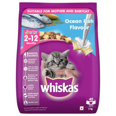 Whiskas Kitten (2-12 months) Dry Cat Food, Ocean Fish Flavour with Milk, 3kg Pack