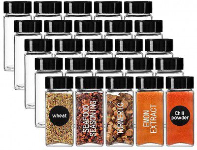 WHISKET Glass Spice Jars Square Glass Bottles with Black Labels (120 ML Each Bottle) (6)