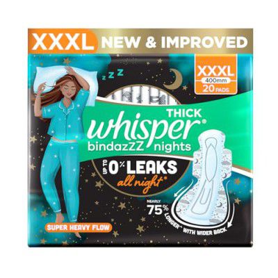 Whisper Bindazzz Nights 20 XXXL Sanitary Pads, Upto 0% Leaks All Night Long, For Super Heavy Flow, Nearly 75% Longer with Wider Back, Double hug wings keep pad in place