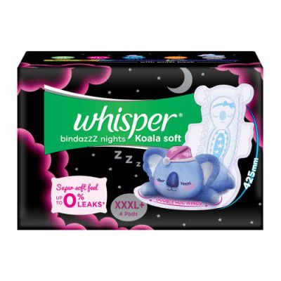 WHISPER BINDAZZZ NIGHTS KOALA SOFT SANITARY PADS, 4 XXXL+ PADS, LONGER & WIDER BACK, SUPER SOFT TOPSHEET, DOUBLE HUG WINGS, DISPOSABLE WRAPPER 