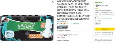 WHISPER BINDAZZZ NIGHTS SANITARY PADS, 10 XXXL PADS