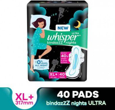 Whisper Bindazzz Nights XL+, Upto 0% Leaks All Night Long Sanitary Pad (Pack of 40)