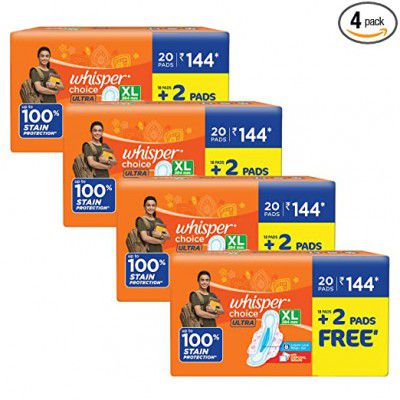 Whisper Choice Sanitary Pads for Women, Ultra XL 20 (Pack of 4) Napkins