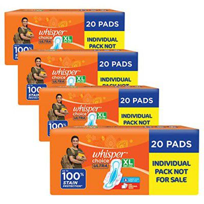 Whisper Choice Ultra Sanitary Pads,80 Xl Pads, Upto 100% Stain Protection All Day,Thin Pads