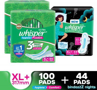 Whisper Combo of Ultra Clean and Bindazz Nights XL+ for Women Sanitary Pad  (Pack of 144)