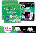 Whisper Combo of Ultra Clean and Bindazz Nights XL+ for Women Sanitary Pad  (Pack of 144)...