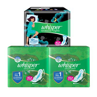 Whisper Day & Night Sanitary Pads|144 thin Pads|100 Day + 44 Night pads|Complete period protection|50 Ultra Clean XL+ Pads with 44 Bindazzz Night XL+ Pads|Dry topsheet|With disposable wrap