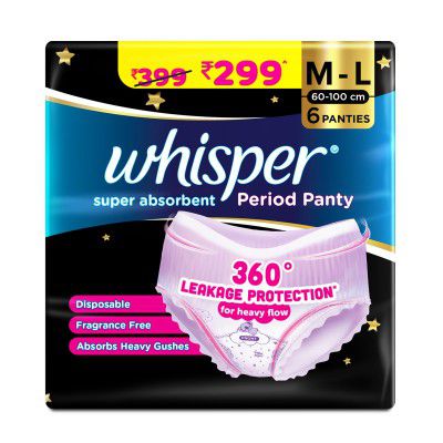 Whisper Super Absorbent Period Panty, 6 M-L Pants, for Heavy Flow, Panty like Fit for Full back Coverage