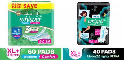 Whisper Ultra Hygiene+Comfort & Bindazzz Nights XL+ Combo Sanitary Pad  (Pack of 100)