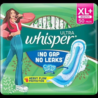 Whisper Ultra Up To No Gap No Leaks Sanitary Pads, XL+, 50 pcs
