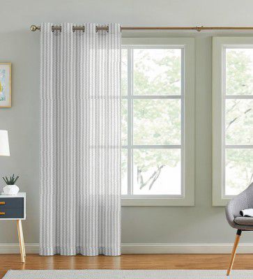 White Polyester Striped 7ft Sheer Eyelet Door Curtain