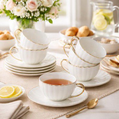 White Tea Cups and Saucers Set of 6 (180 Ml), Porcelain White Tea Cup Set with Golden Handle Trim, Dishwasher Safe for Tea Milk & Coffee Chai, Tea Cup Set