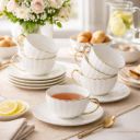 White Tea Cups and Saucers Set of 6 (180 Ml), Porcelain White Tea Cup Set with Golden Handle Trim, Dishwasher Safe for Tea Milk & Coffee Chai, Tea Cup Set...