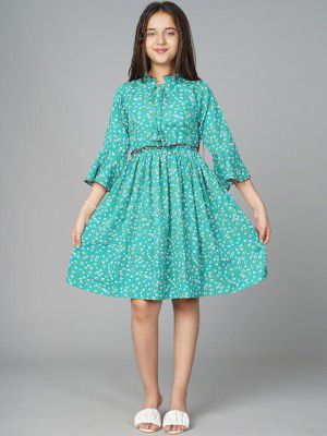 White World Turquoise Blue Floral Printed Tie-Up Neck Dress