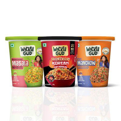 WickedGud Cup Noodles Variety Pack of 3 | Fiery Korean | Masala | 67g | 69g | 70g