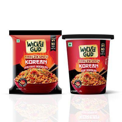 WickedGud Fiery 2X Spicy Korean Noodles | Instant Pack and Cup Combo Pack of 2 | Whole Wheat | 67g & 69g