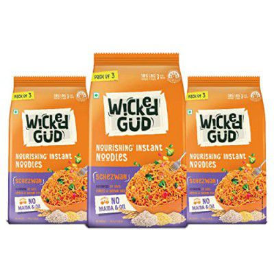 WickedGud Nourishing Schezwan Instant Noodles (207gm x 3) | Healthy Noodles | No Maida | No Oil | No MSG | High Protein | High Fibre | Cholesterol Free
