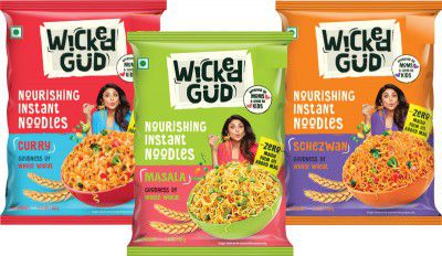 WickedGud Single Pack Assorted ( Masala, Curry, Schezwan) Noodles Instant Noodles Vegetarian (3 x 60 g)