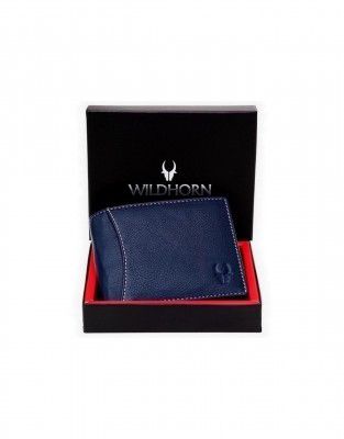 WildHorn Navy Leather Wallet for Men I Contrast Stitching I Handcrafted I 8 Card Slots I 1 Zipper & 2 Currency Compartments