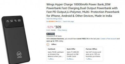 Wings Hyper Charge 10000mAh Power Bank,20W Powerbank Fast Charging, Made in India