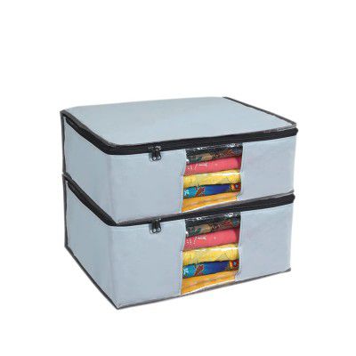 Wini Krafts set of 2 Foldable Single Saree Covers / Clothes Storage Bag / Wardrobe Organizer With Transparent Top And Zip For , Suit, Dress,& Accessories (2, Grey)