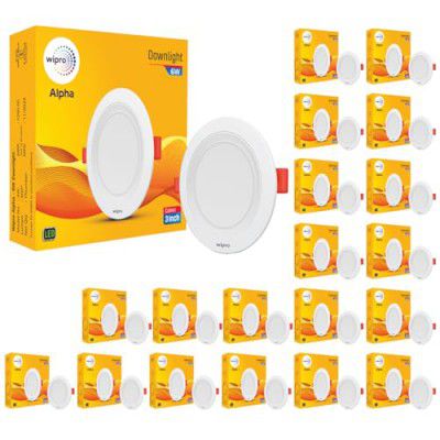 wipro Abs 6W Alpha Downlight for Junction Box | Cool Day White (6500K) | 3 Inch Cutout, 22mm Height | Surge Protection Upto 350 VA | High Voltage Protection Upto 4KV | Pack of 20