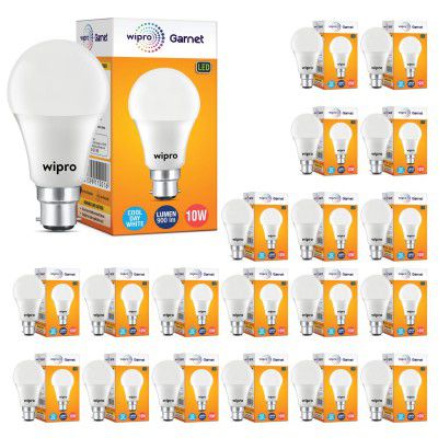 wipro Garnet 10W LED Bulb for Home & Office |Cool Day White (6500K) | B22 Base|220 degree Light coverage |4Kv Surge Protection |400V High Voltage Protection |Energy Efficient | Pack of 20