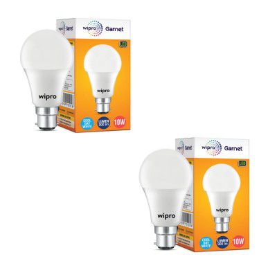 Wipro Garnet 10W LED Bulb for Home & Office |Cool Day White (6500K) | B22 Base|220 degree Light coverage |4Kv Surge Protection |400V High Voltage Protection |Energy Efficient | Pack of 2