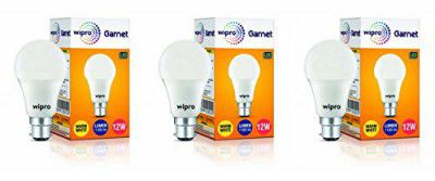 wipro Garnet 12W LED Bulb for Home & Office |Warm White (2700K) | B22 Base|220 degree Light coverage |4Kv Surge Protection |400V High Voltage Protection |Energy Efficient | Pack of 3