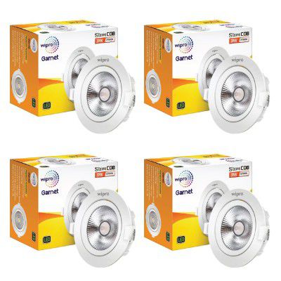 wipro Garnet 3 W Slim COB Downlight for False Ceiling | Warm White (2700 K) | Ceiling or Cabinet Light with Adjustable Optics | Pack of 4