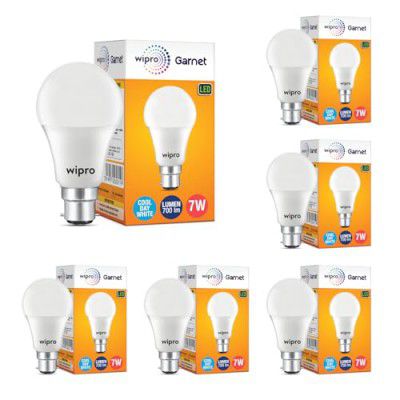 wipro Garnet 7W LED Bulb for Home & Office |Cool Day White (6500K) | B22 Base|220 degree Light coverage |4Kv Surge Protection |400V High Voltage Protection |Energy Efficient | Pack of 6