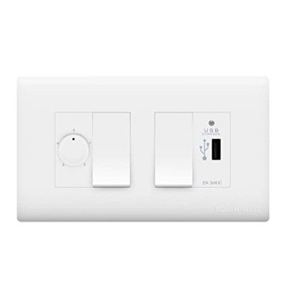 Wipro Northwest (Nowa) Switch Combo of 4M Plate + 1M 6A Switch x2 + USB Charger + 4 Step Fan Regulator, White (Kit 10)
