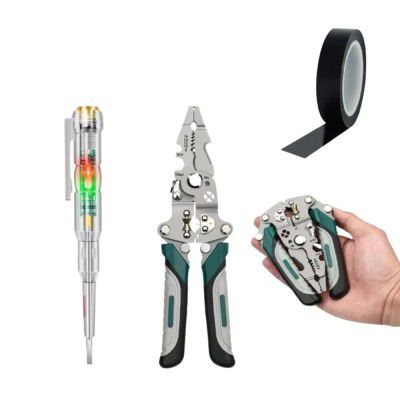 Wire Stripper Tool, Voltage Test Pen With Black Tape for Electric Wire, Foldable Wire Stripping Pliers with Multi-Function Slots and Screwdriver Tester Pen with Indicator Light