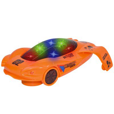 WISHKEY Space Travel Bump and Go Kids Toy Car, Musical Toy Car with 360 Degree Rotating Wheels, Battery Operated Car Toy with 3D Lights, Gifting Toy Car for Kids 3+ (Pack of 1, Orange)