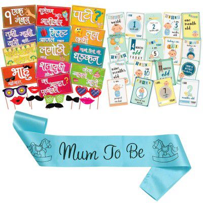 WOBBOX Colourful Marathi Baby Shower Combo of Photo Booth Party Props, Sash and Milestone Cards - Combo NJ