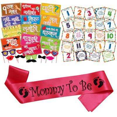 WOBBOX Colourful Marathi Baby Shower Combo of Photo Booth Party Props, Sash and Milestone Cards - Combo LR