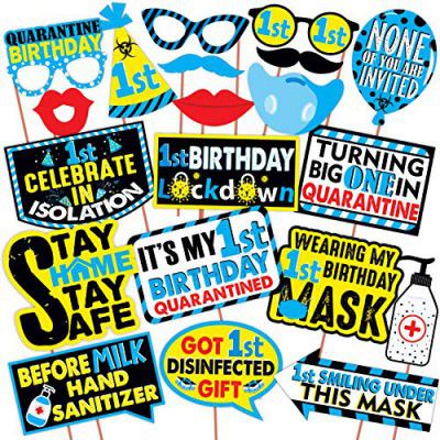 Wobbox Quarantine 1st Birthday Photo Booth Party Props DIY Kit, Blue Colour, Quarantine Birthday Decoration