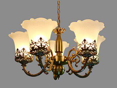 WOKE Portuguese Style Brass Antique Finish Ceiling Mounted Hanging Pendant Chandelier Architectural Design Lamp Light with Clear & Frosted Glass Shades (8893/5C) 123967