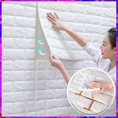 Wolpin 3D White Brick Wallpaper for Wall PE Foam Wall Stickers Self Adhesive DIY Wall Decor