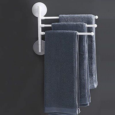 Wolpin Plastic Swing Hanger Towel Rack/Holder for Bathroom Self Adhesive Towel Stand/Bathroom Accessories Long Towel Bar, Folding 3 Arms (32 cm, White)