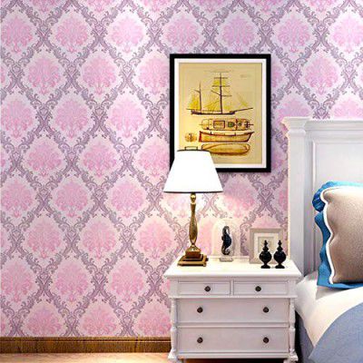 wolpin Wall Sticker Wallpaper Pink Damask Large Self Adhesive (45 cm x 10m) Decal Living Room Hall Home Interior Decoration, Pink