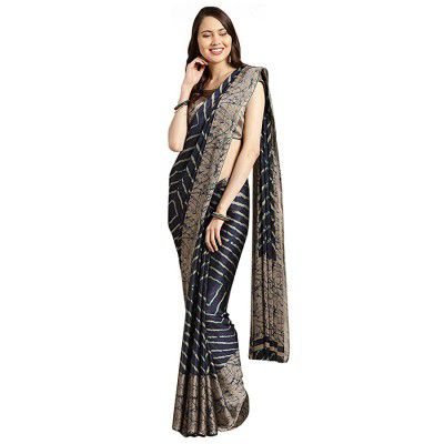 Womanista Womens Crepe Saree with Blouse (TKIM778_Blue & Beige_Free Size_Blue Beige)