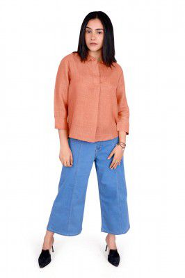 Women Orange Women's 3/4 Sleeve Button-Up Shirt