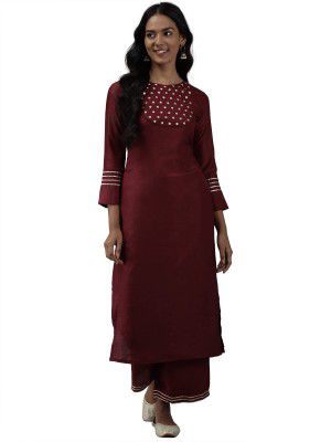 Women Rangpreet Wine Embroidered Straight Kurta with Trouser Set
