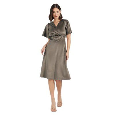 Women Solid V-Neck A-Line Midi Dress | Flared Silhouette, Sleeveless Design, Lightweight Comfortable Fabric for Casual, Office, or Semi-Formal Wear
