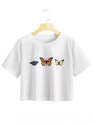 Womens Cotton Blend Butterfly Printed Stylish& Trendy Crop Tee/Crop T Shirt
