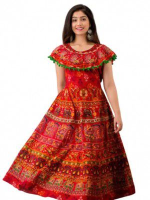 Womens Cotton Printed Jaipuri Kurti Pumfum Attached Maxi Dress