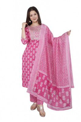 Womens Cotton Straight Floral Printed Kurti with Pant and Dupatta Set