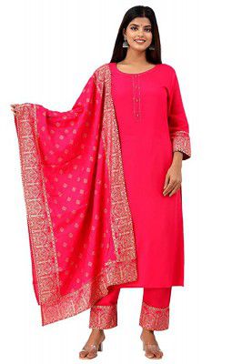 Womens Cotton Straight Kurti and Pant with Printed Dupatta Set