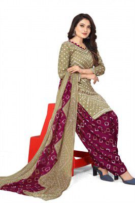 women's crepe printed unstitched dress material brown chikoo suit salwar with dupatta